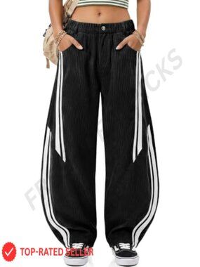 Corduroy Barrel Pants Elastic Waist Loose Casual Trousers